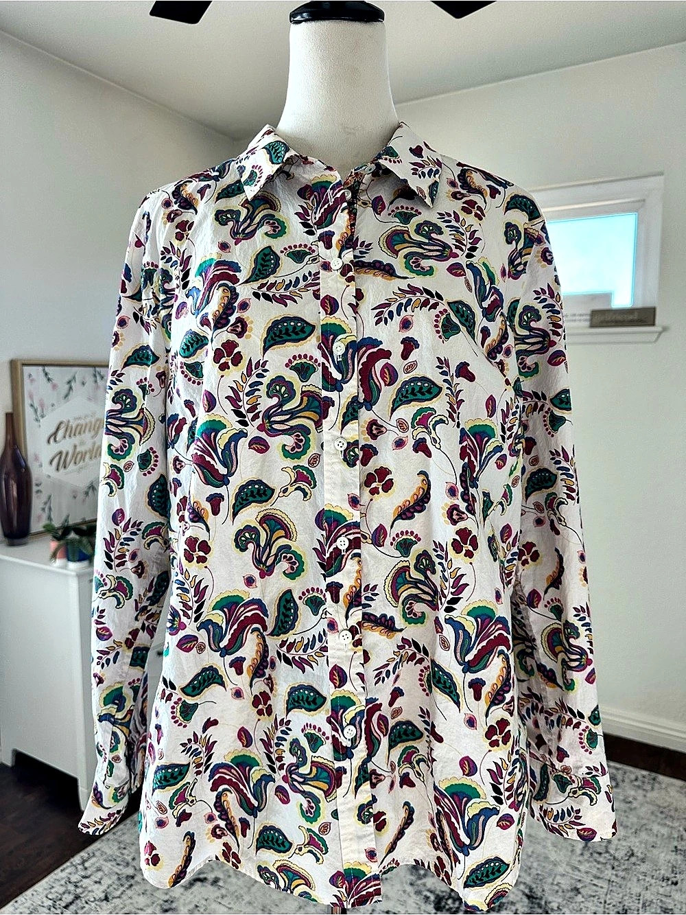 Talbots Paisley Button Down Shirt XL 100% Cotton Long Sleeve Blouse